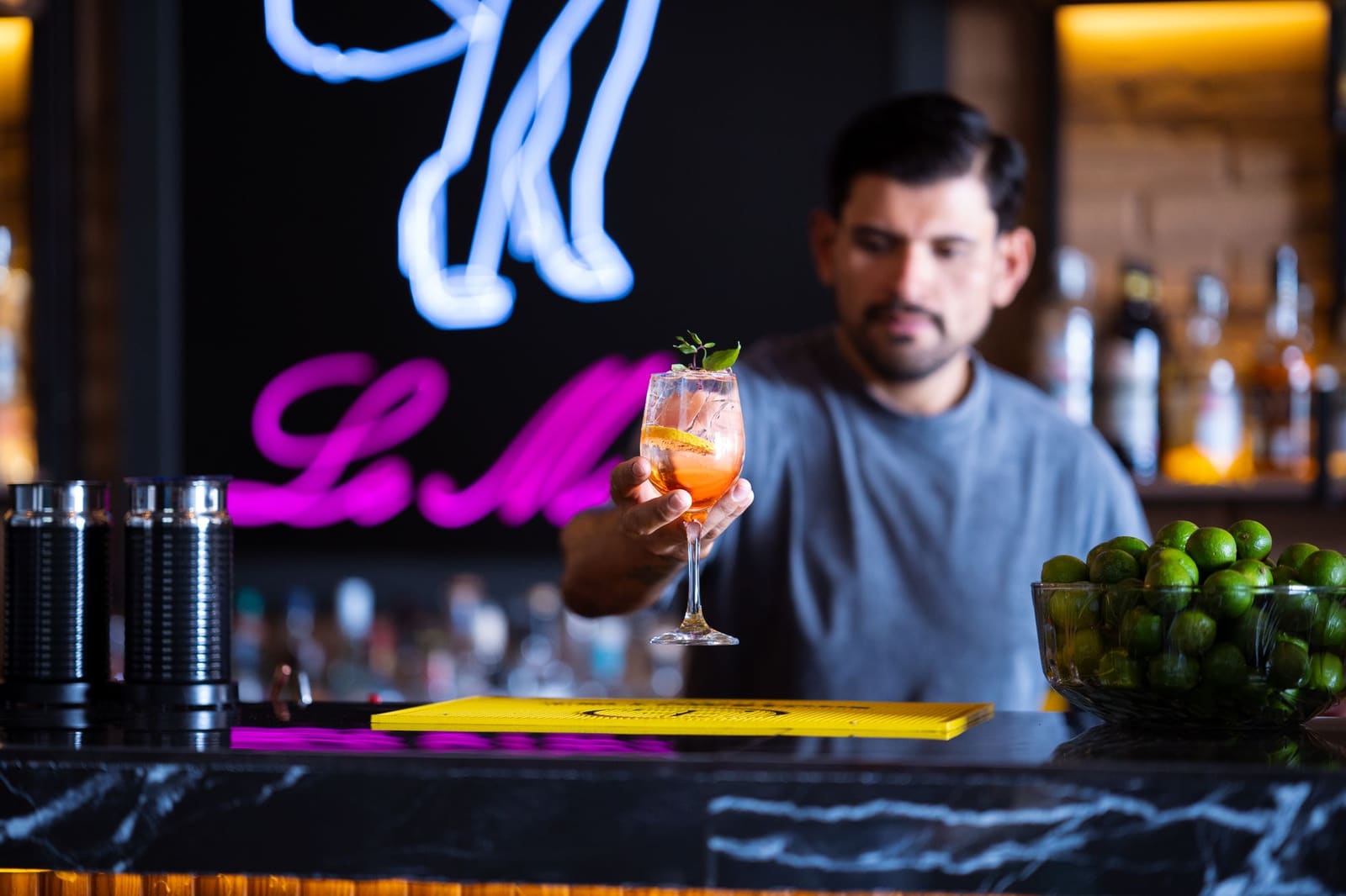 Limoen en ijs op een keukenblad, de ingrediënten voor een zelfgemaakte cocktail.