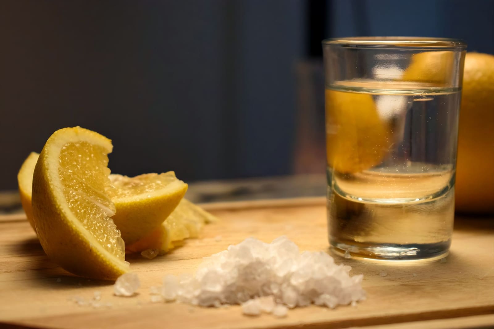 Citroenpartjes, zout en een shotglas tequila op houten snijplank.