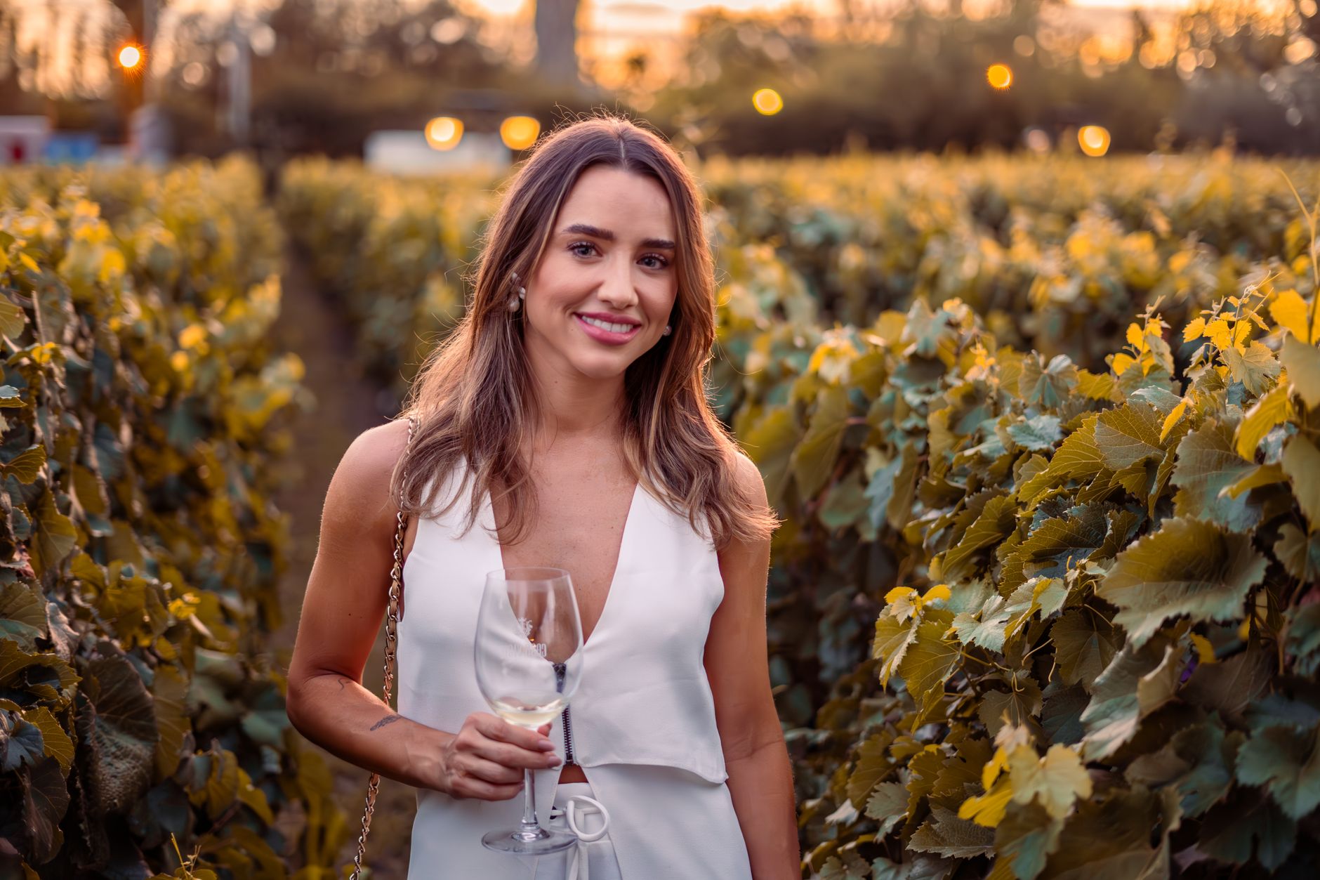 Glas witte Albariño wijn met op de achtergrond wijnstokken in Rías Baixas