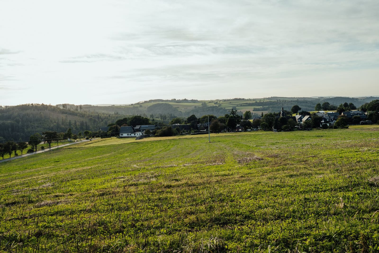 Glooiend landschap met akkers en groene weiden