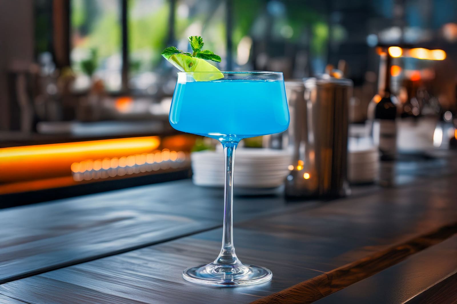 Blauwe gin-cocktail in een glas, geserveerd op een lichte ondergrond
