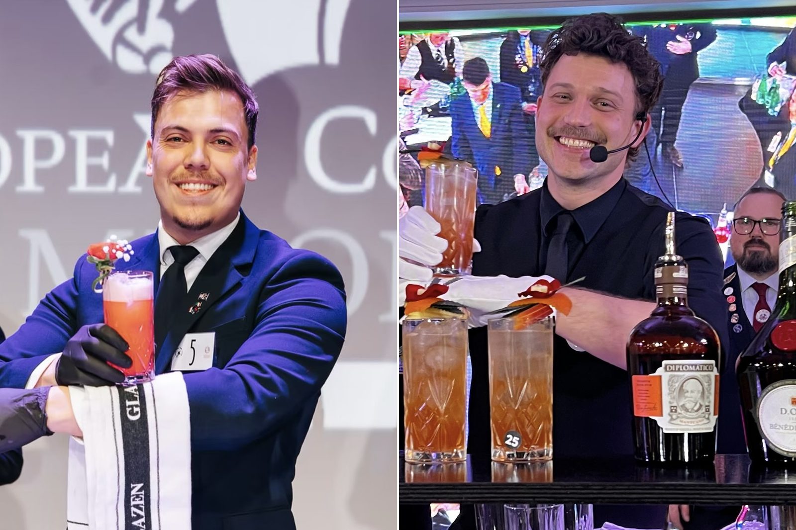 Jorit Frijling (links) en Jan Dirk Huijser van Reenen (rechts) presenteren hun cocktails tijdens een bartenderwedstrijd