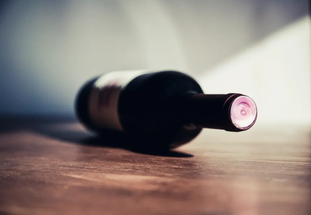 Fles rode wijn met glas op een houten tafel in avondlicht